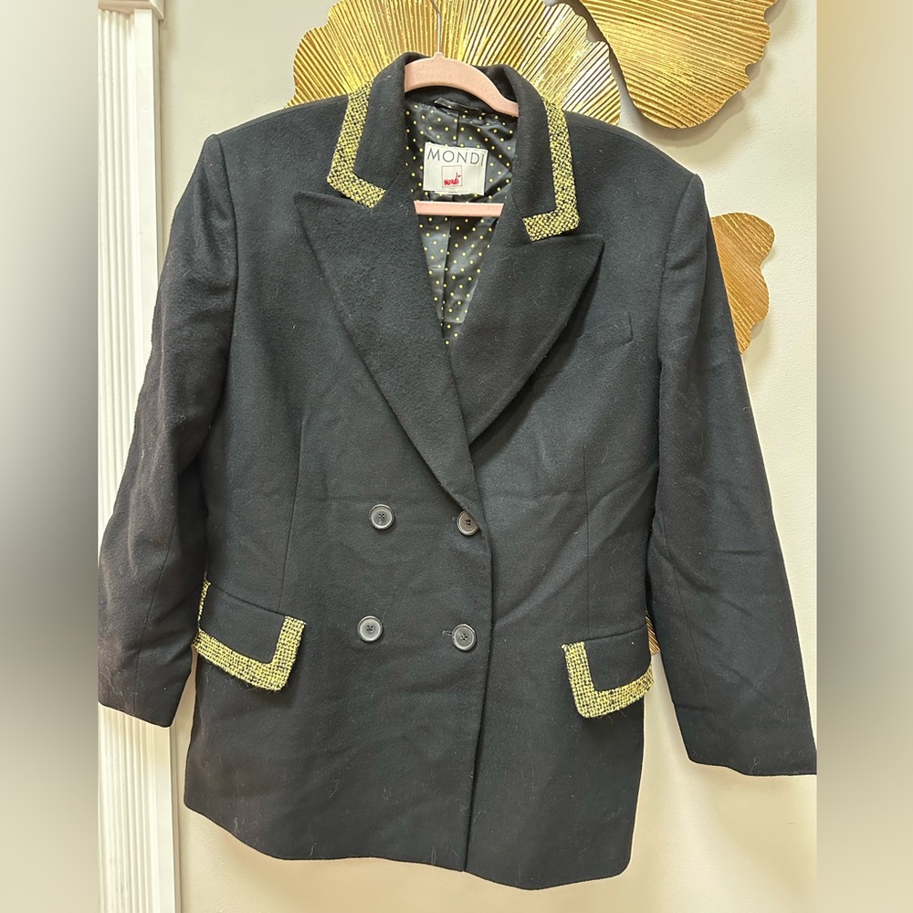 Mondi Vintage Blazer Black Jacket Cashmere Wool Yellow Trim Double Breast Large